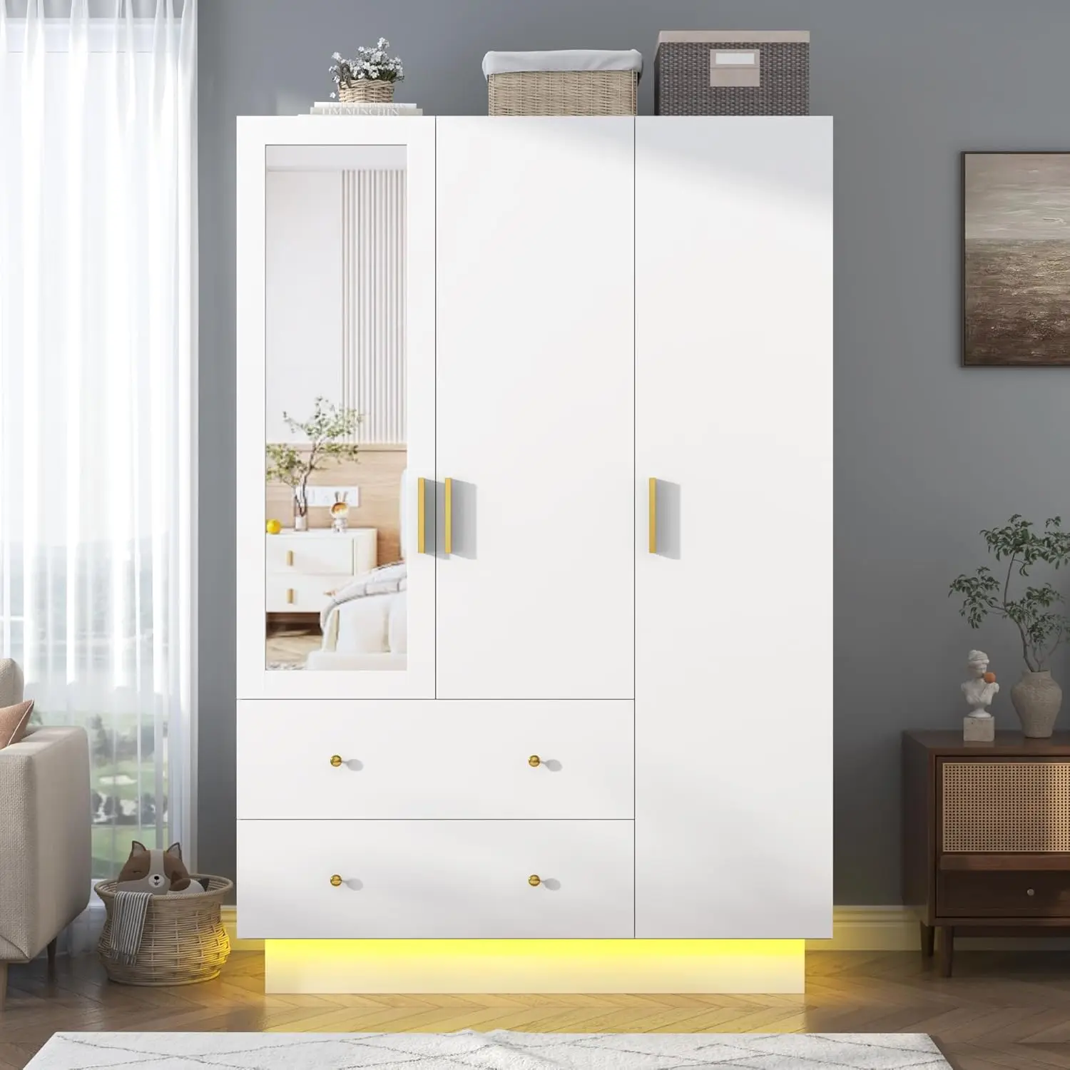 3 Doors Armoire Wardrobe Closet with Mirror, LED Armoire with Doors and Drawers, Wooden Armoire Storage Cabinet with Hanging Rod