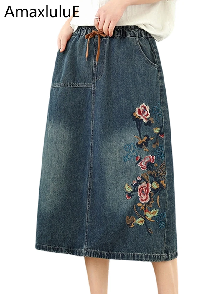 

Юбки Amax LuluE в винтажном китайском стиле с цветочным узором, женские, весенние, классические, с вышивкой, уличная одежда, повседневные, свободные, джинсовые