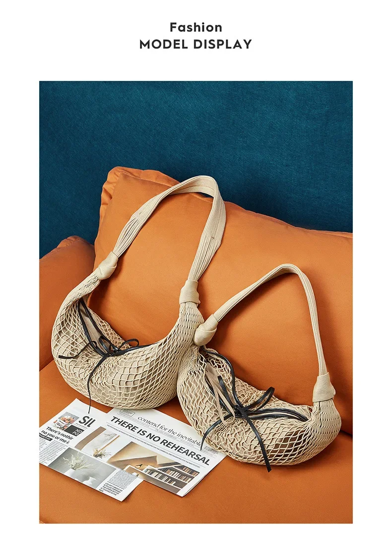 

Versatile Color Blocking Fishing Net Woven Women's Bag Spicy Niche Fashion 2025 Runway Design Horn Net Bag Weaving