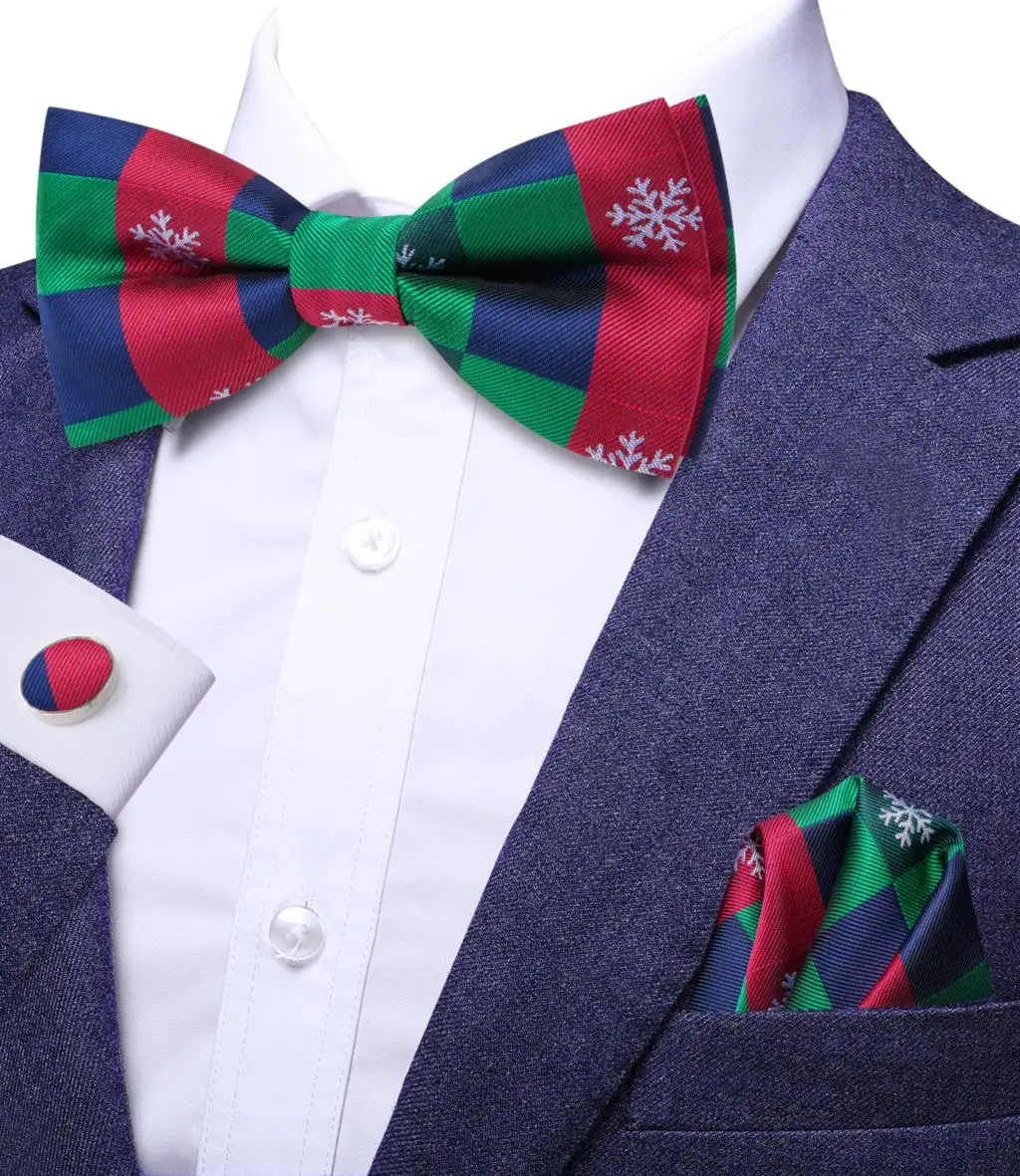 Hi-Tie Christmas Green Red Bowties for Men Silk Butterfly Tie Bow Tie Hanky Cufflinks Wedding Party Paisley Plaid Solid Bowtie