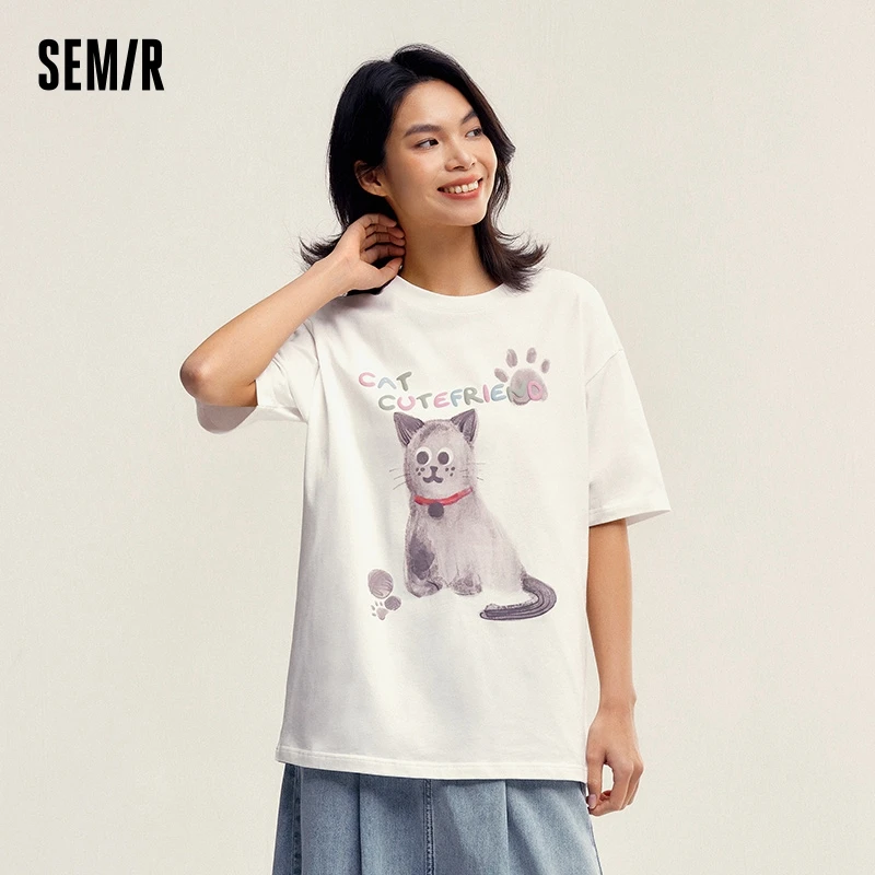 Semir T-Shirt Women Medium-Length Cotton Loose Fun 2024 Summer Short Sleeve New Printing Tops Cute Tide Cool T shirt