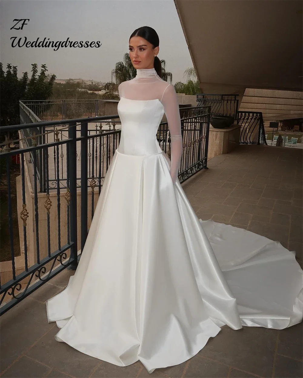 Customized Elegant Satin Wedding Dresses A-Line High Neck Long Sleeves Pleated Bride Prom Gown Modest Bridal Gowns