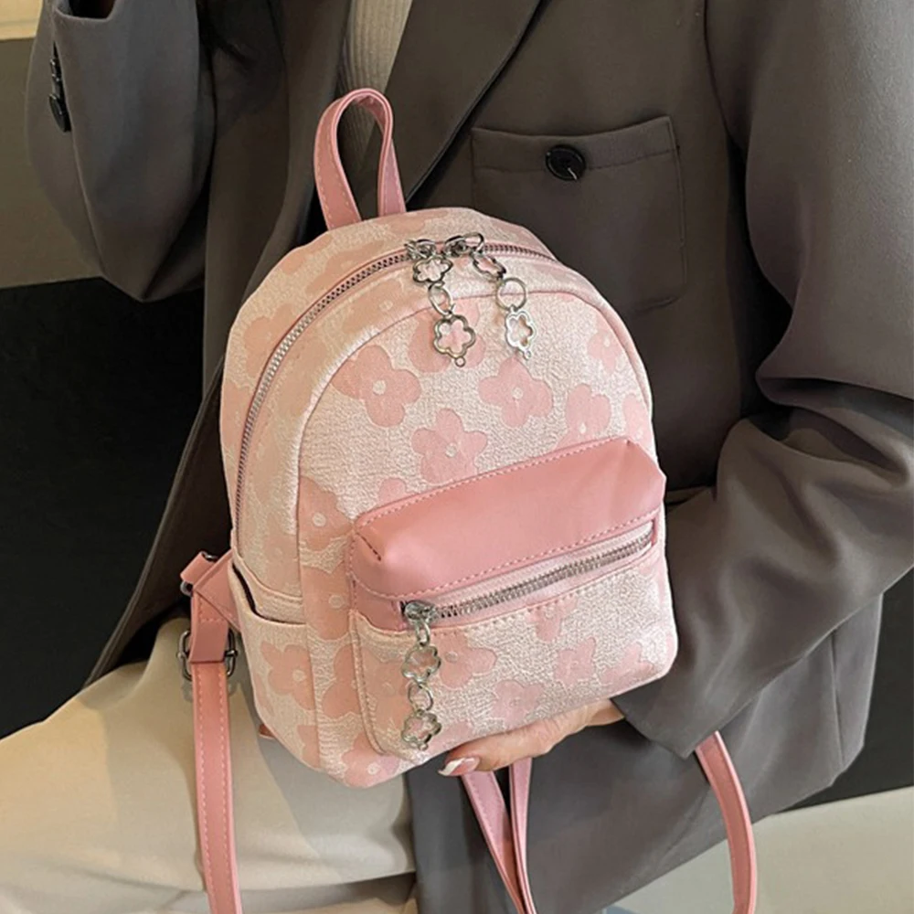 Women Fashion Backpacks Flroal Print Patch Pu Shoulder Bags Female Commute Small Bags Female All-Matched Mini School Bags