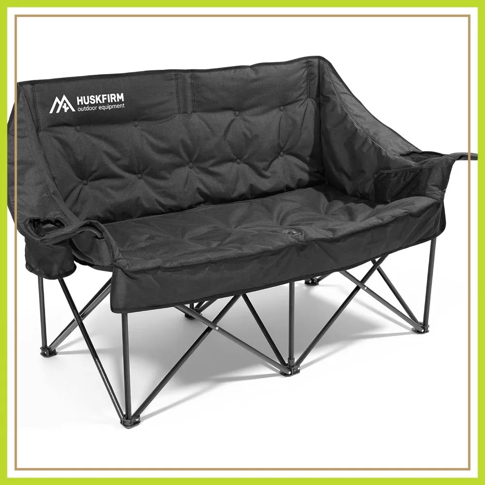 

Heavy Duty 2 Person Camping Chair Oversized Loveseat with Cup Holders Support 800LBS Black