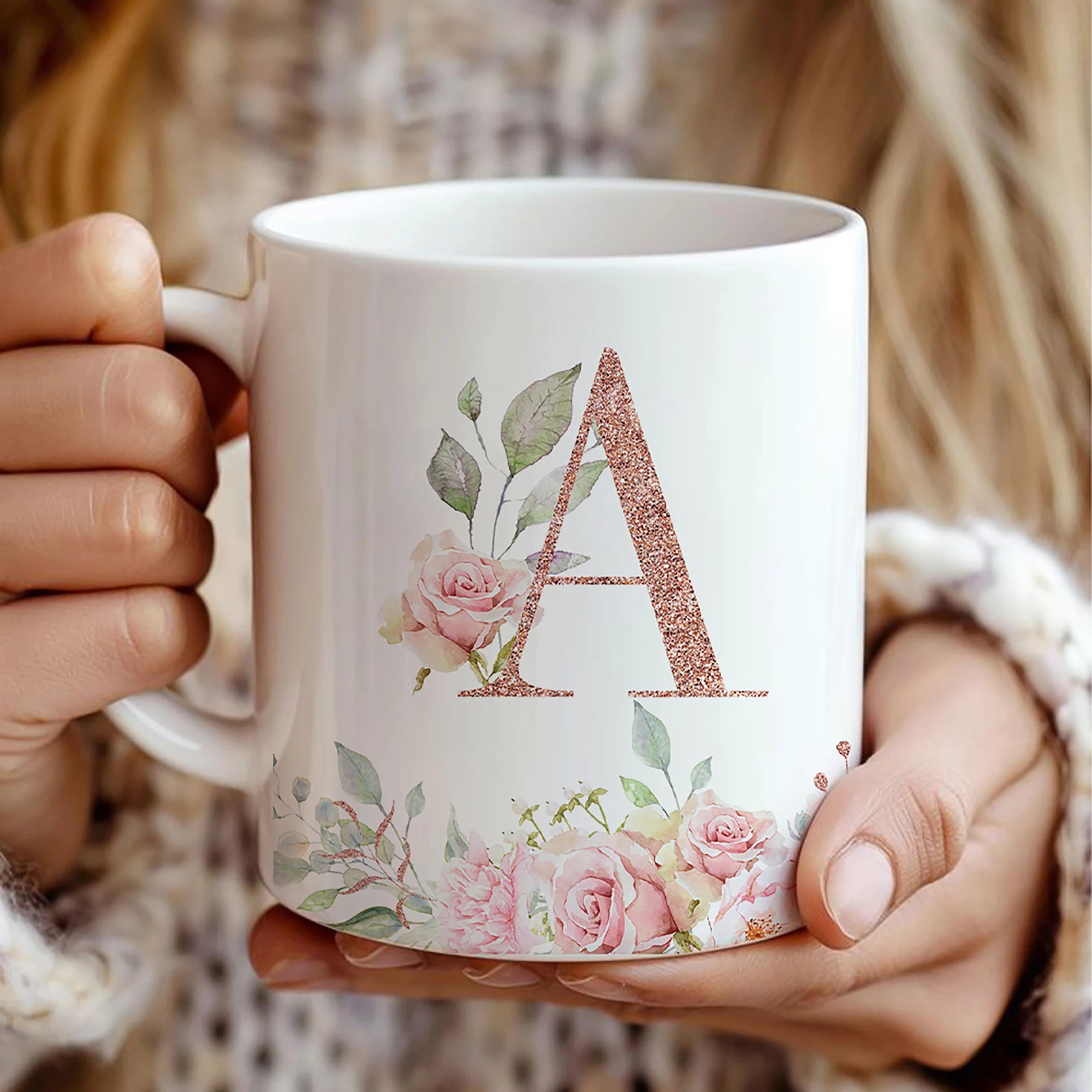 11oz Trendy Flower Letters A-Z Women Mugs Coffee Cups High Quality Ceramics Wedding Bridesmaid Mug Cup Gifts With Handgrip