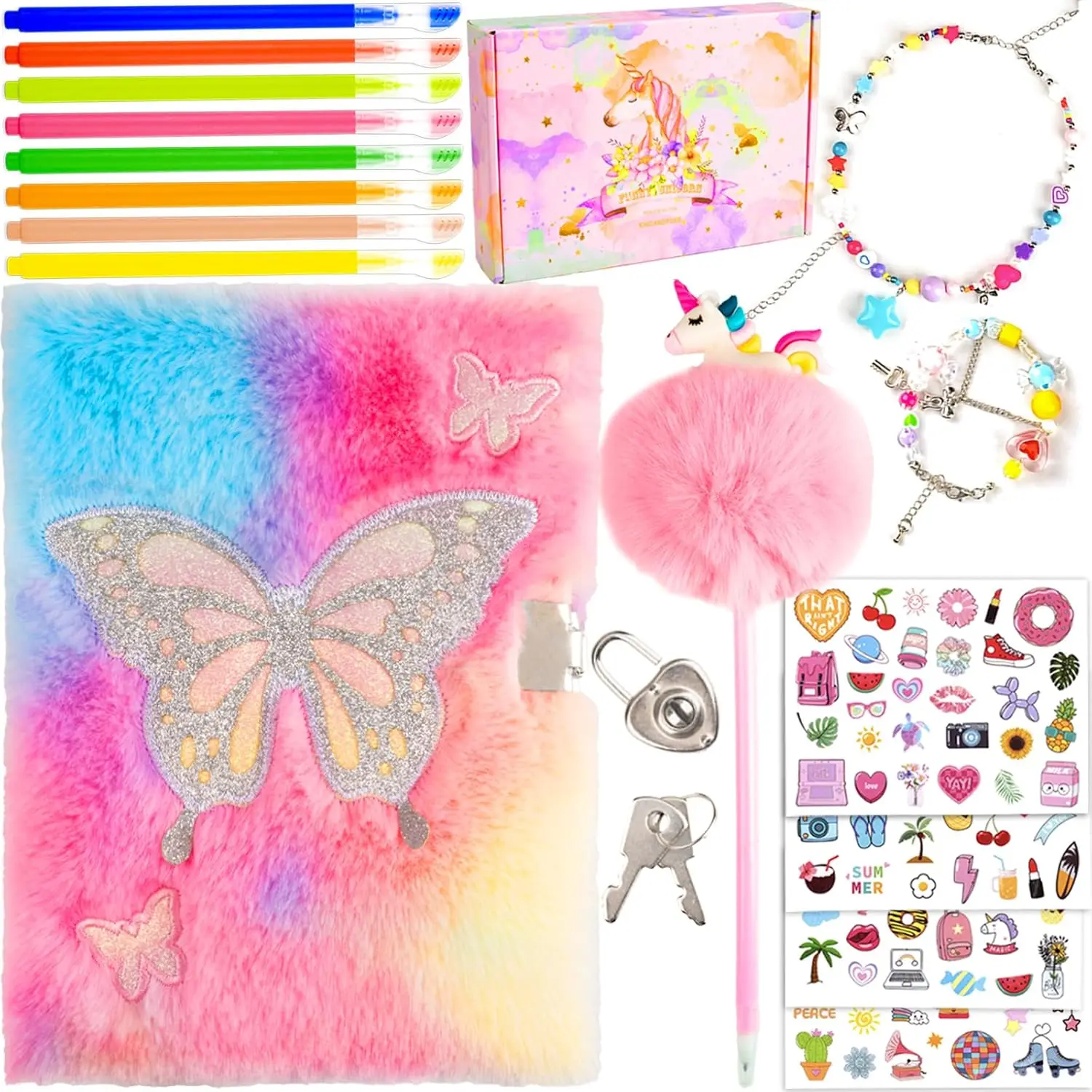 

Набор запираемых дневников для девочек с ключами, блокнот, разноцветные ручки и наклейки для письма и рисования, дизайн с розовыми бабочками