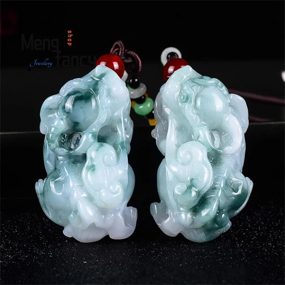 

Natural Hand-Carved Burmese A-grade Jadeite Pixiu With Floating Flowers Pendant Simple Fashion Jewelry Best Selling Holiday Gift