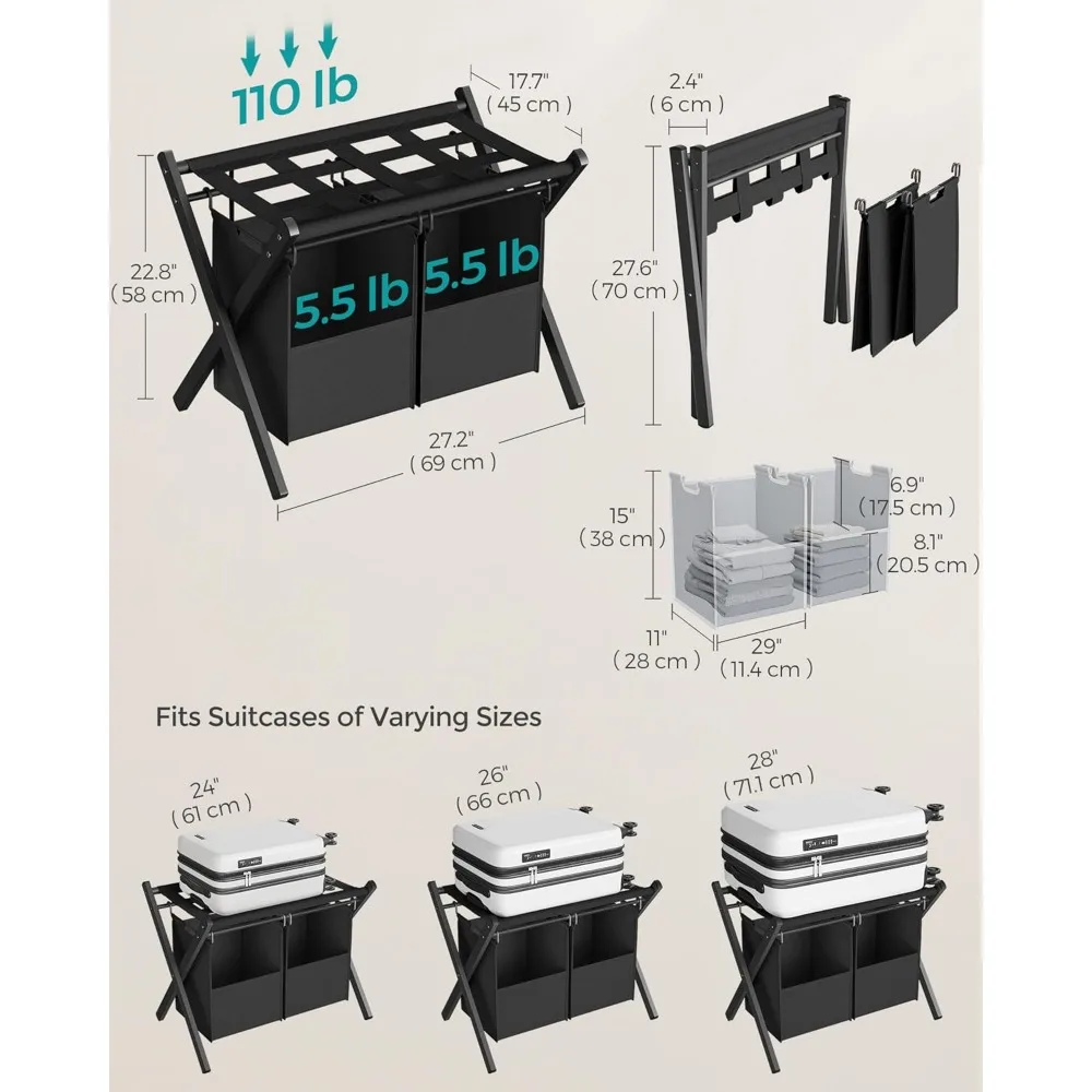 2 Pack Luggage Racks with 2 Removable Laundry Bag, Set of 2 Suitcase Stands for Guest Room, Foldable for Space-Saving Storage