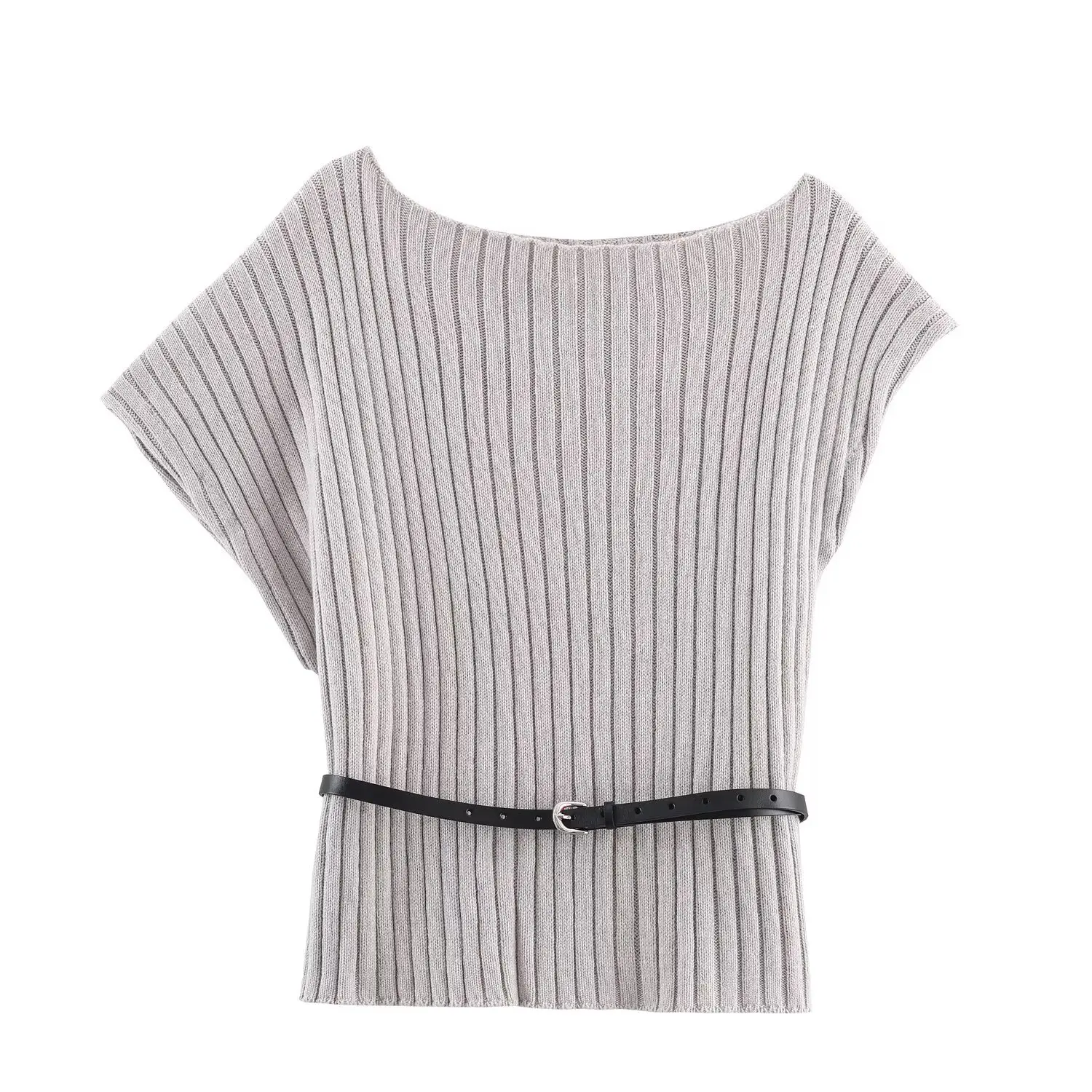 

2025 WOMAN Fashion European and American Style Autumn New Belt Knitted Pullover Chic Round Neck Asymmetric Top Mujer