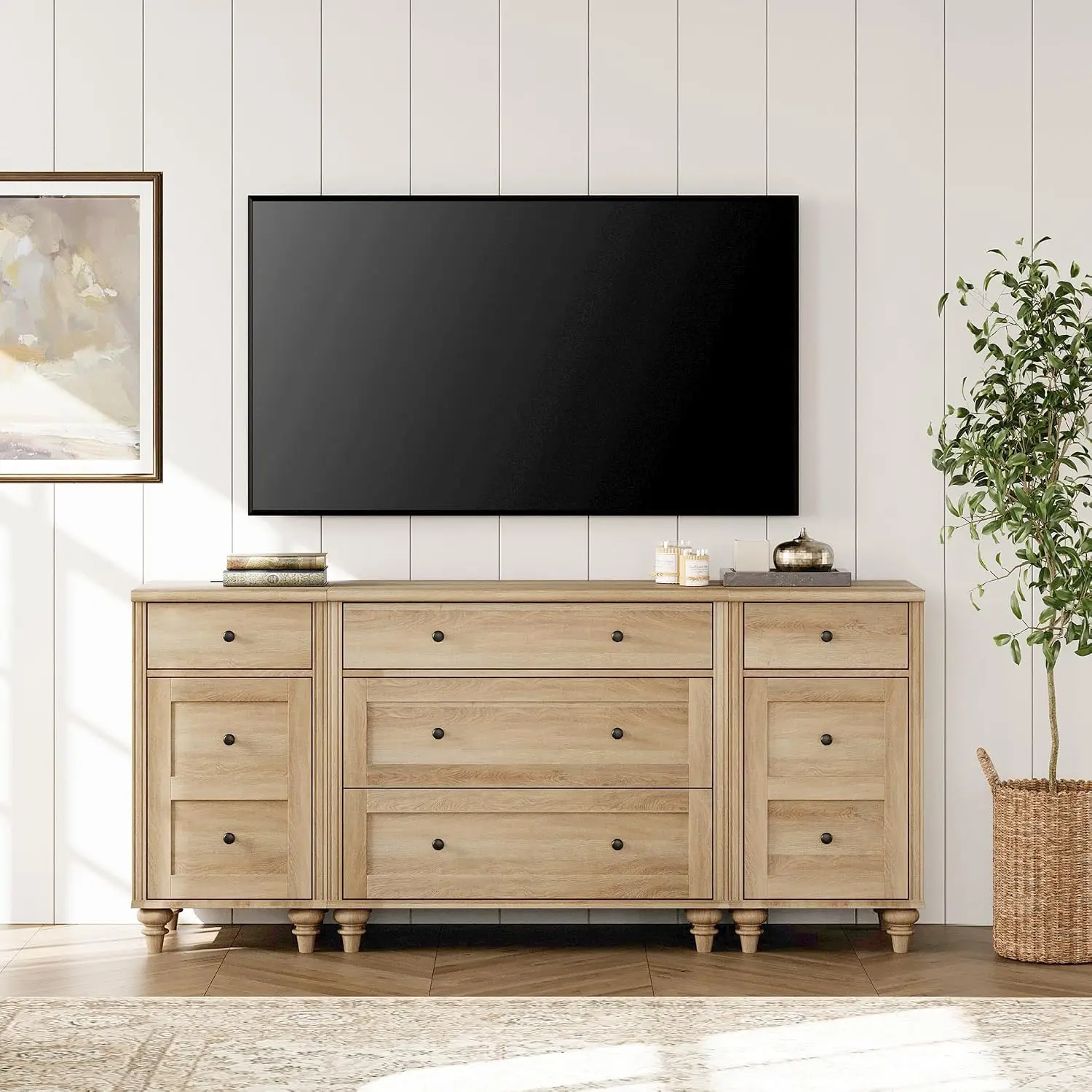 TV Stand 75 Inch Wood Dresser 5 Drawers & 2 Doors Charging Station Living Room Console 70 65 80 Inch Bedroom Oak, Customized