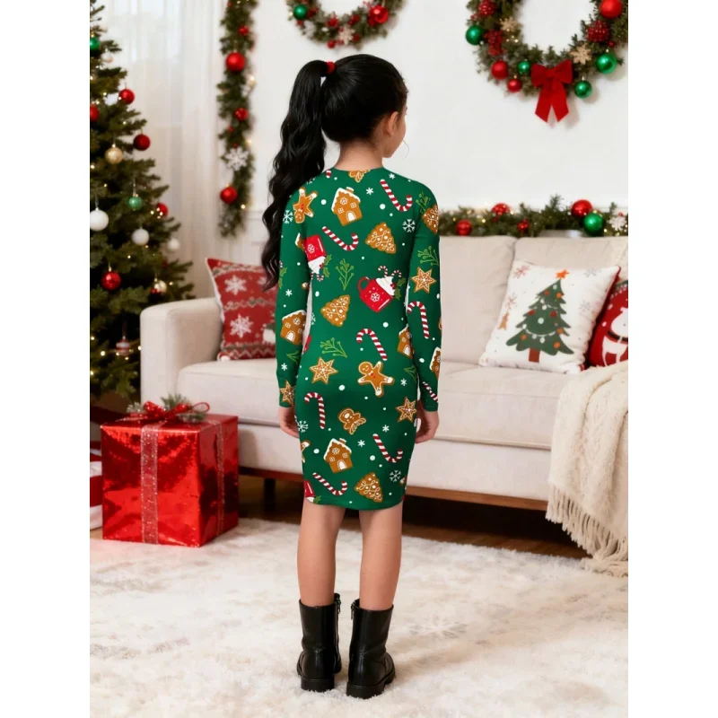Girls Green Christmas Gingerbread Man Candy Cane Print Long Sleeve Dress Slim Skirt Children's Festival Cute 2026