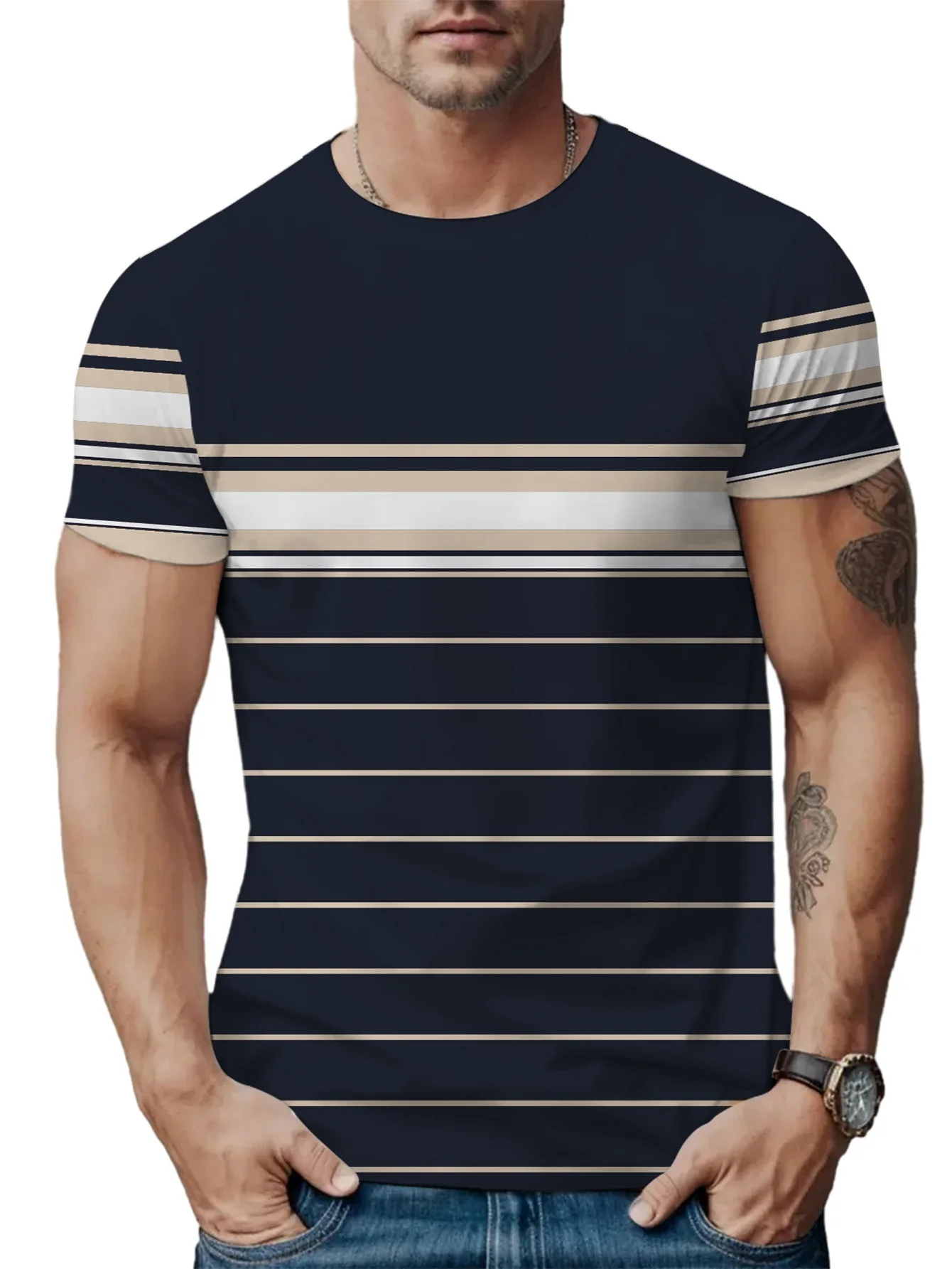

Men's fashion striped 3D printed T-shirt for summer outdoor leisure sports, quick drive short sleeved top, plus size men's cloth