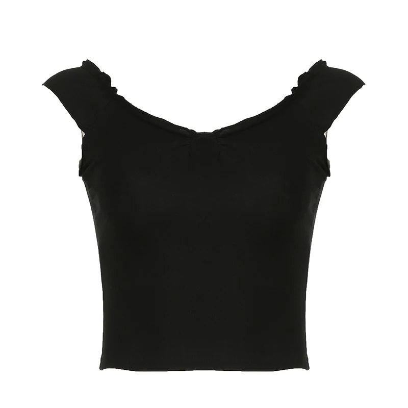 CIBBAR Solid Black Folds V Neck Cropped Top Women Casual Backless Skinny Knitted T Shirts Streetwear Y2k Summer Tees Vintage Top