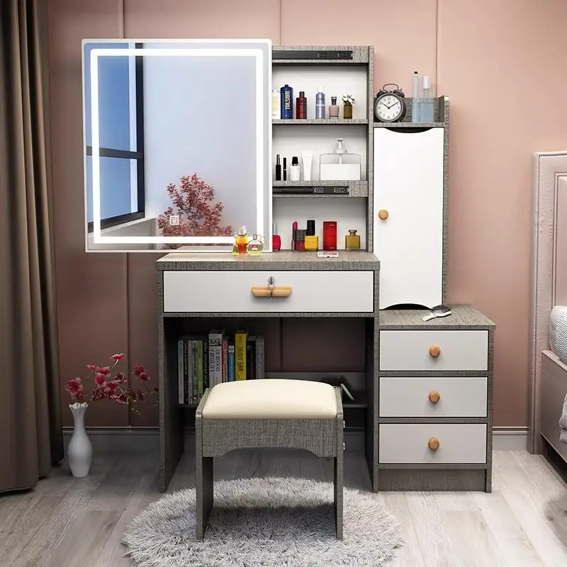 @#Modern Bedroom Dressing Table with LED Lighted Makeup Mirror and Storage Solid Pine Wood Dresser for Bedroom Living Room Use