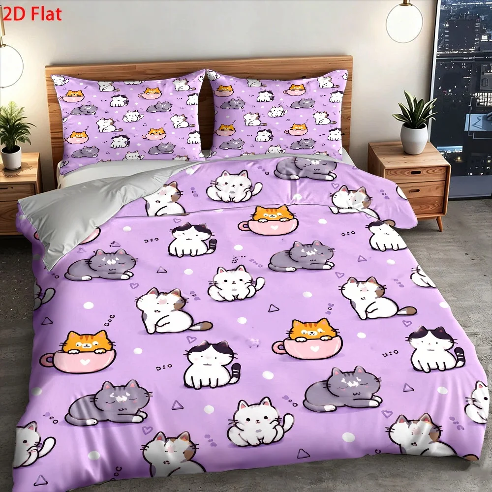 3Pc Cute Cat Print Duvet Cover Set, Three-Piece Bedding Set (1*Duvet Cover + 2*Pillowcases), Skin-Friendly and Breathable Polyester Woven Bedding, Soft and Comfortable for All Seasons, Invisible Zipper, Easy to Clean and Durable, Wrinkle-Resistant, Machine Washable, Cozy Home Bedroom Decoration, Double Bed Bedding for Student Dormitories, Nordic Style Suitable for Master Bedroom and Guest Room, Modern Minimalist Light Luxury Style Bed Cover Set, Large Double Bed Cover Set 2 view 4