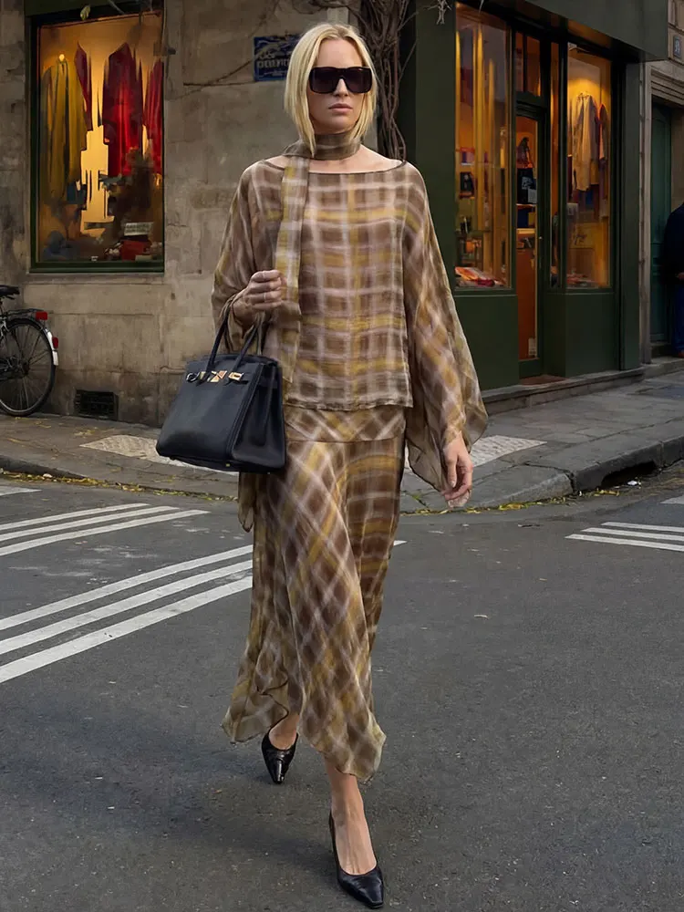 Conjuntos de Moda Femenina HH, Faldas a Cuadros, Trajes Casuales, Blusa con Cuello de Capa Holgada, Falda Midi de Cintura Alta, Tendencia 2026, Estilo Urbano
