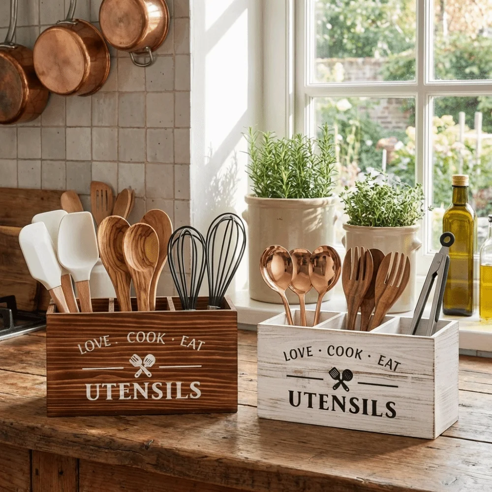 

Wooden Spoon Fork Storage Box Large Capacity Decorative Utensil Storage Box Space Saving with 3 Compartments