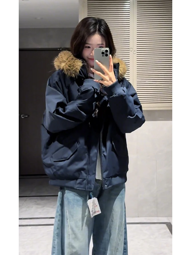 

Tibetan Blue ort Thiened Men's Cotton Jaet with Large Fur Collar Hooded Winter Coat for Couples Casual Warm Outerwear