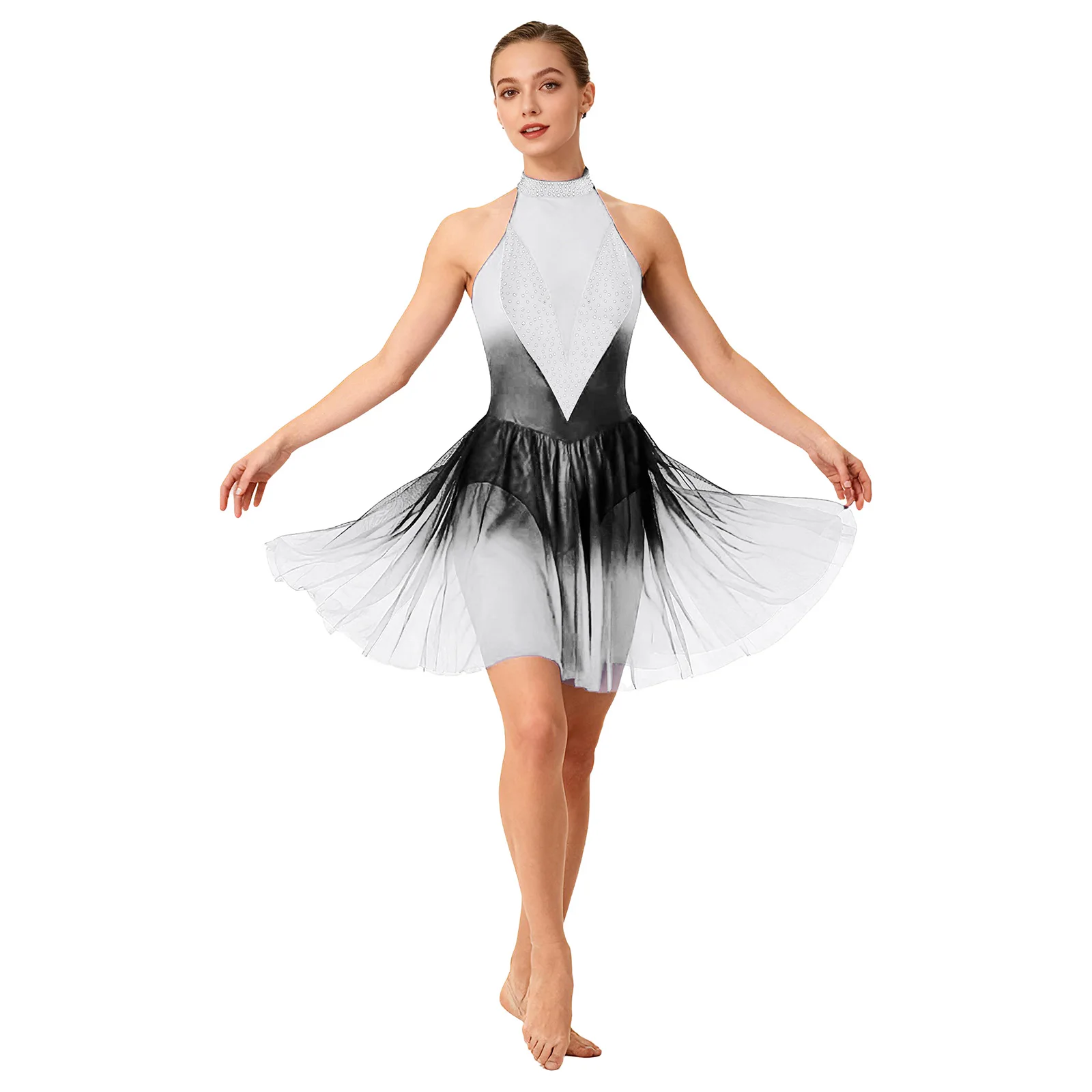 Women Rhinestones Figure Ice Skating Dress Halter Sleeveless Sheer Mesh Gymnastic Ballet Leotard Contemporary Lyrical Dancewear