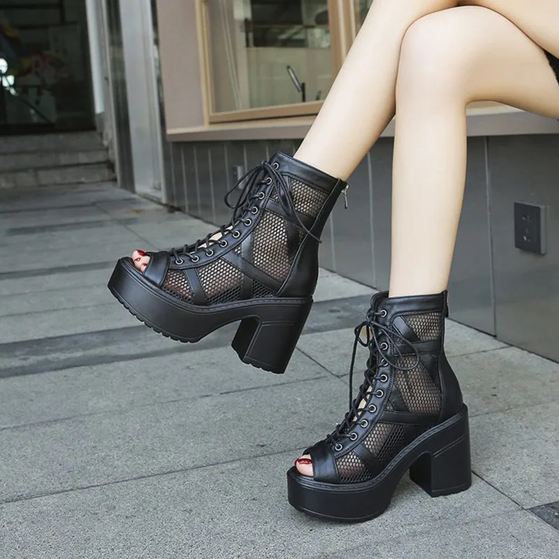 New 2026 Spring and Summer Women's Heels Mesh Booties Platform Lace Cutout Cooling Boots Block Heel Back Zipper Wedge Sandals