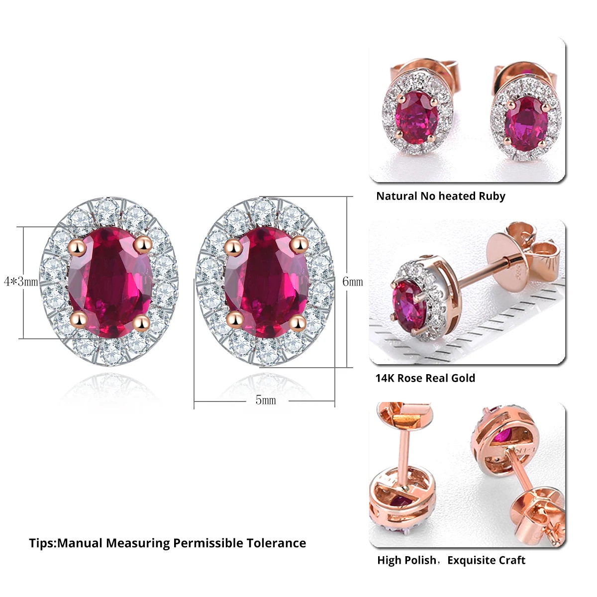 Natural No Heated Ruby 0.42 carats Precious Gemstone Real Diamond 14K Rose Gold Stud EarrFine jewelry for Valentine's Day Gift