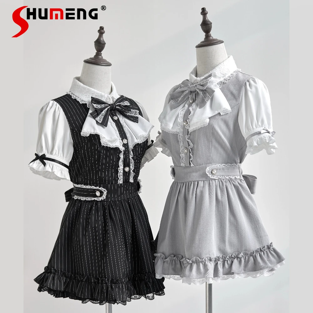 

Japanese Subculture Mine Style Striped Dress Doll Collar Bubble Sleeve Mini Dress Elastic High Waist Shorts Two Pieces Set Women