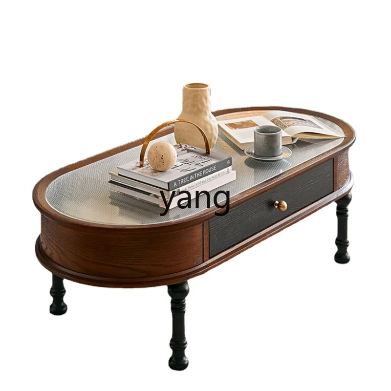 

Yjq Vintage Solid Wood Tea Table Movable Small Apartment Living Room Middle-Ancient Furniture Glass Tea Table