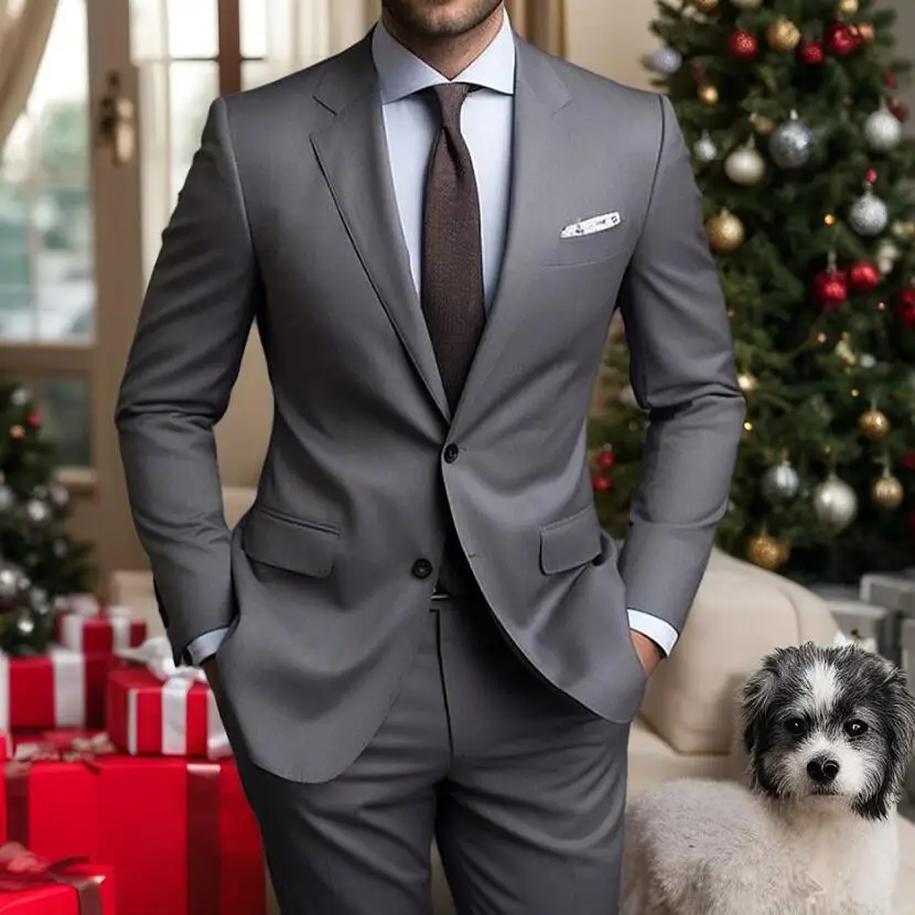 

Formal Business Grey Men Suit Notch Lapel Groom Wedding Suits for Men 2 Piece Slim Fit Tuxedo Blazer Pants Set Trajes De Hombre