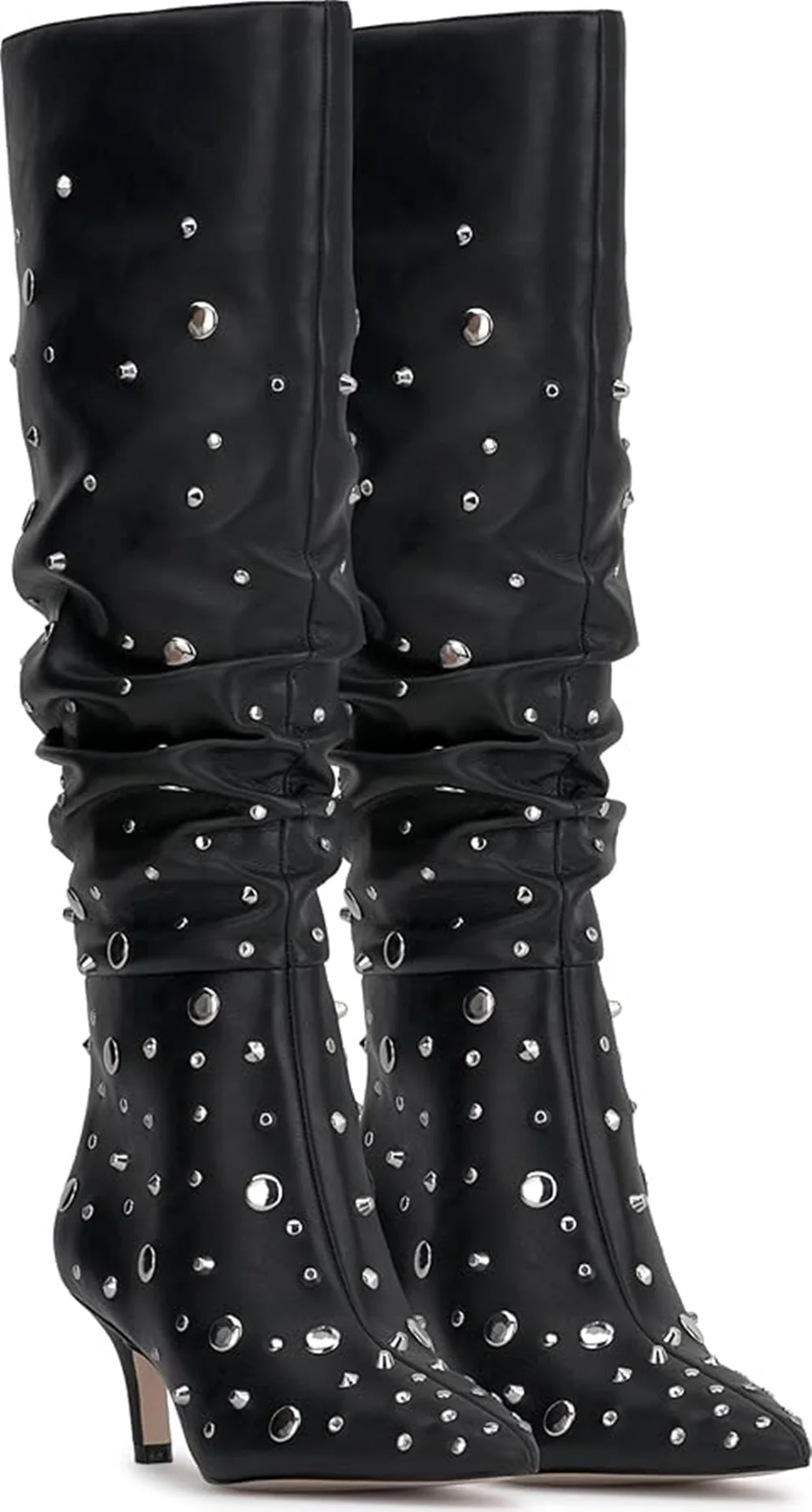Cool Street Style Black Slouchy Knee-High Boots Silver Stud Design Pointed Toe Stiletto Heel Unique Ruched Design New Boots
