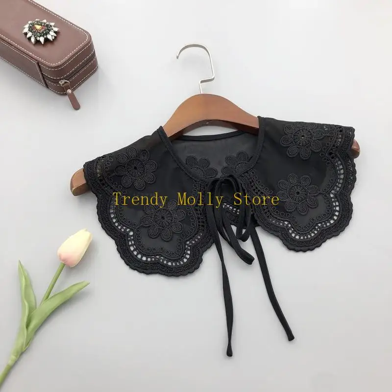 N5KB ذوي الياقات البيضاء قابلة للفصل الياقات الأزهار المطرزة لفتيات قميص قميص سترة #4