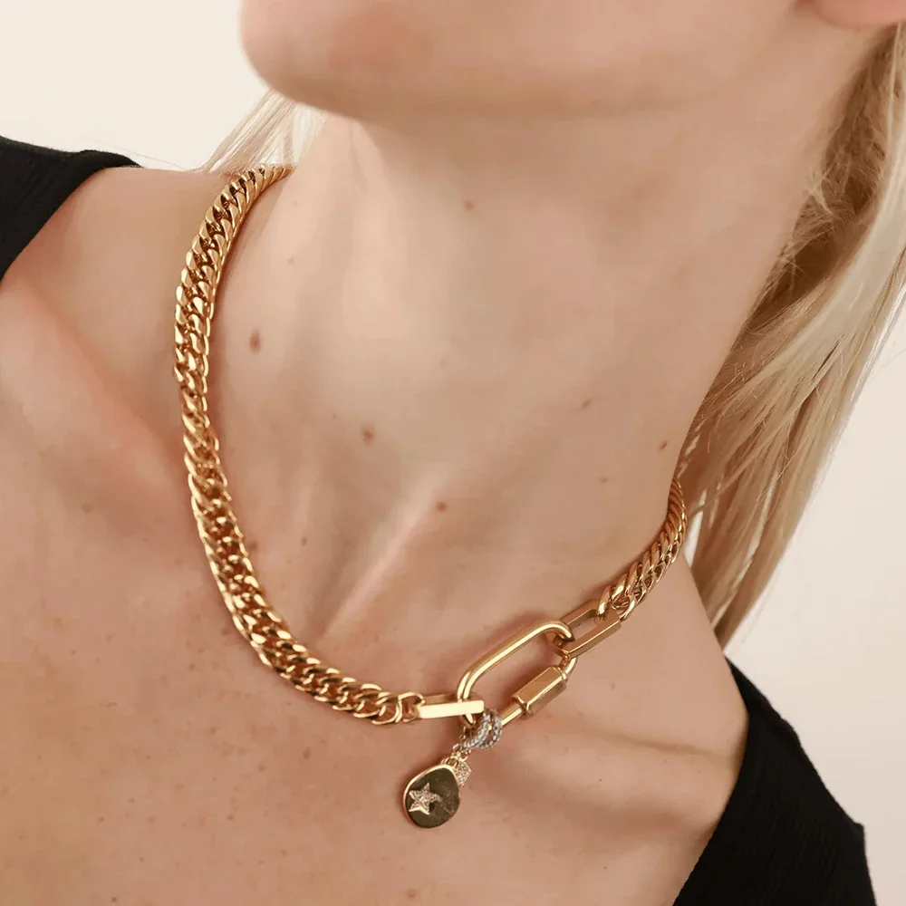 Waterproof Jewelry Tarnish Free 18K Gold Plated Stainless Steel Two Tone Chunky Charm Necklace for Women Cuban Chains Choker