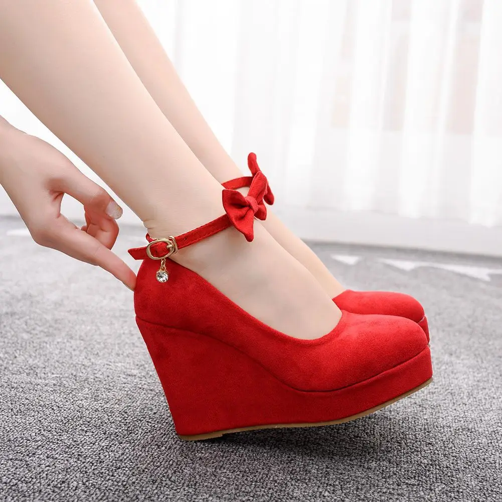 

Women Pumps 2025 New Autumn Casual Fashion Sexy Flock Wedges High Heels Platform Ladies Bow Round Toe Party Dress Wedding Shoes