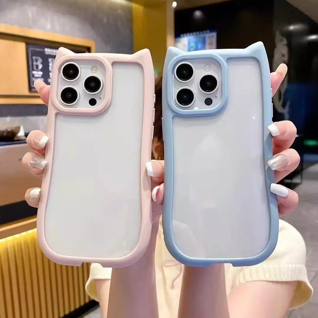 3D Cute Cat Ear Candy Color Case For iPhone 15 Pro Max 14 13 12 11 8X XS XR Cover Transparent Couqe Hard Acrylic Shockproof