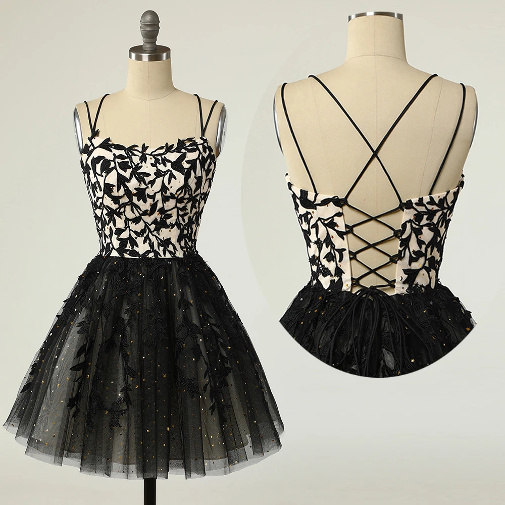 Petite robe trapèze à col en V personnalisée, appliques en dentelle, robe dos nu en tulle, mini robe de cocktail, bretelles spaghetti croisées, noir