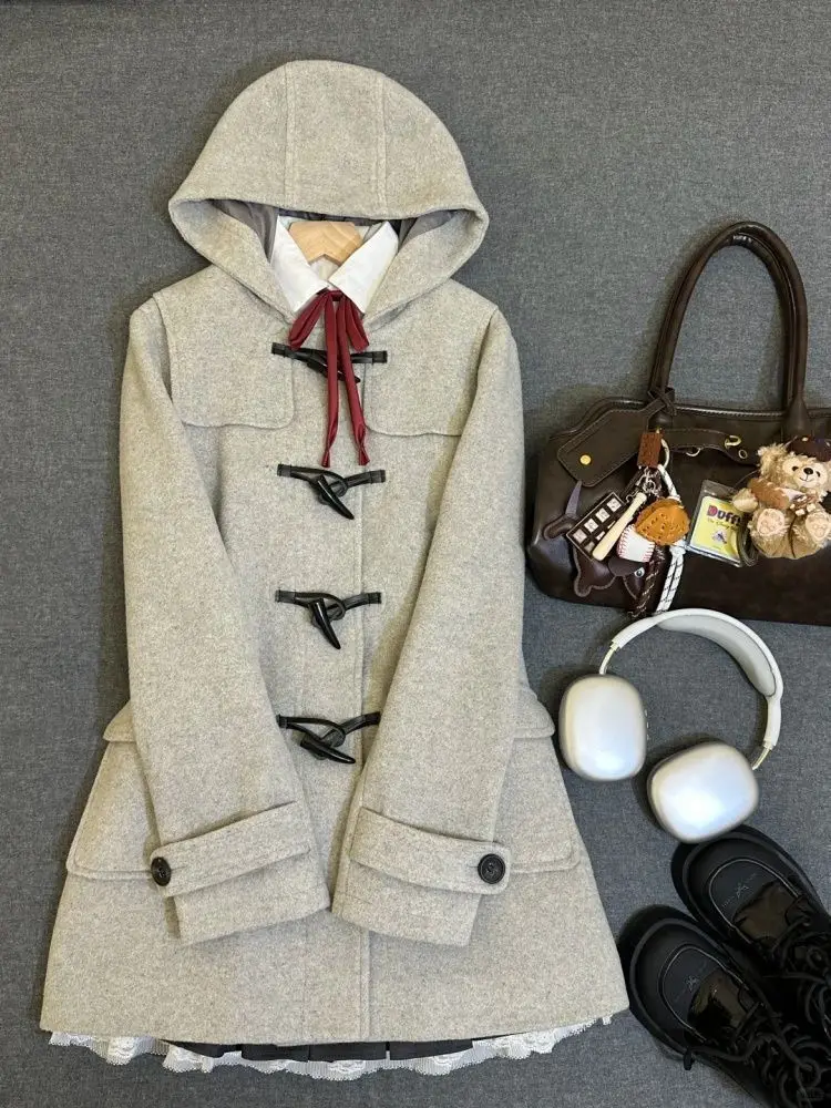 

Японское винтажное пальто на пуговицах с коровьим рогом для женщин, осенние шерстяные и смешанные повседневные шерстяные куртки Y2k, свободная модная женская одежда