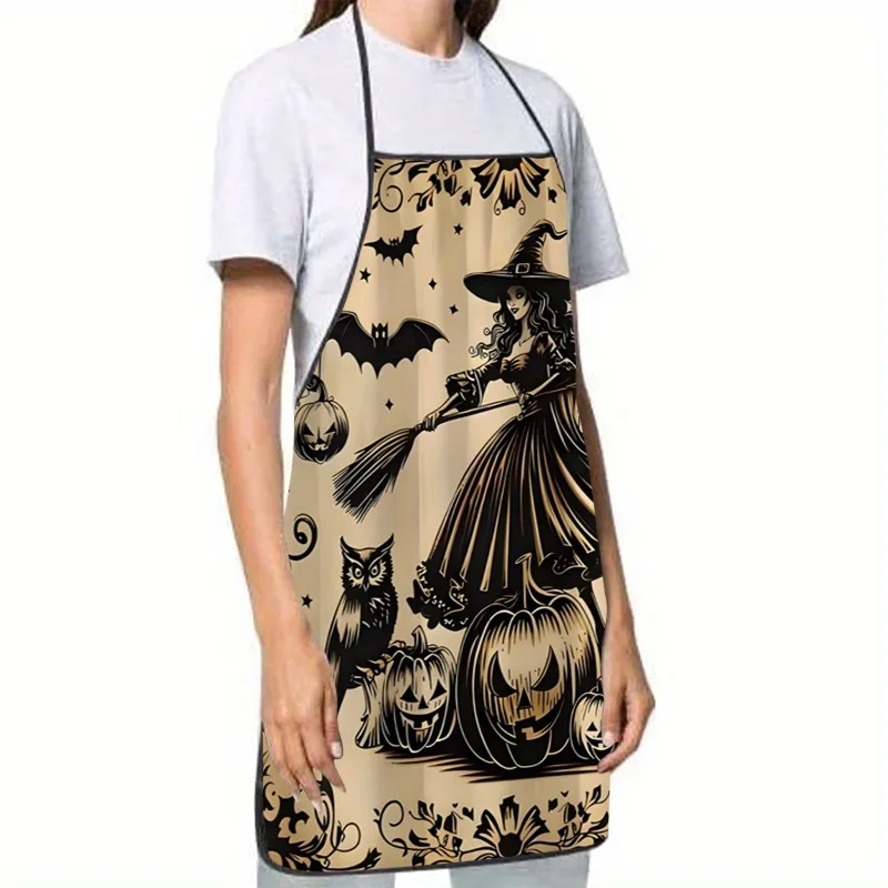 1pc Witch Broom Pumpkins Halloween-Themed Polyester Apron Sleeveless, Lightweight Durable for Home Kitchen Baking Grilling