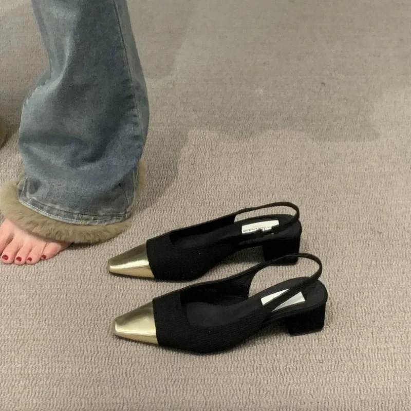 النمط الفرنسي ماري جين عالية الكعب المرأة الذهب الأسود حذا فردي للسيدات الصيف العصرية الجوف خارج الصنادل ساحة تو كعب متوسط