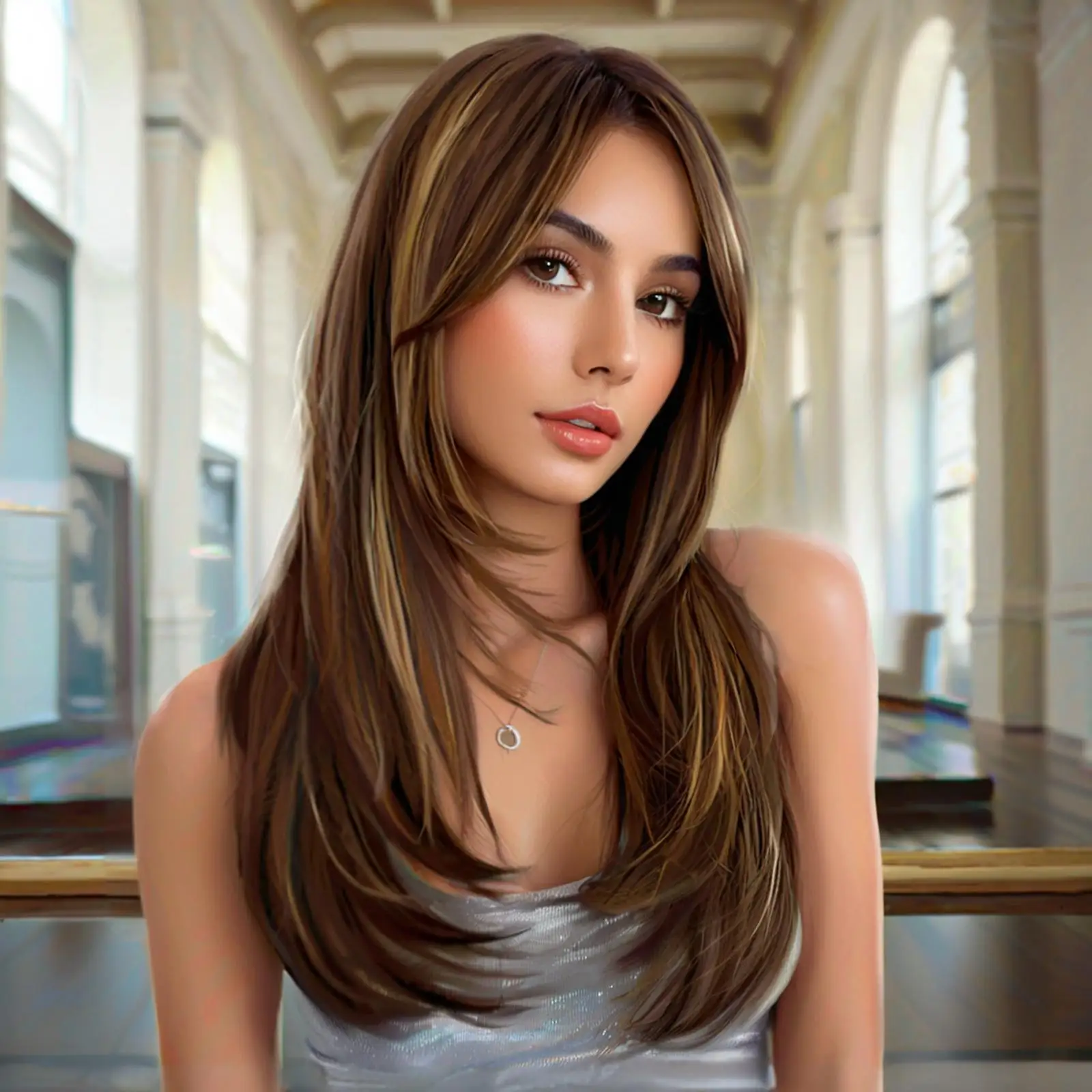 

European American women's synthetic wig, golden brown ombre long wavy , elegant fluffy peony curls, medium-length straight hair