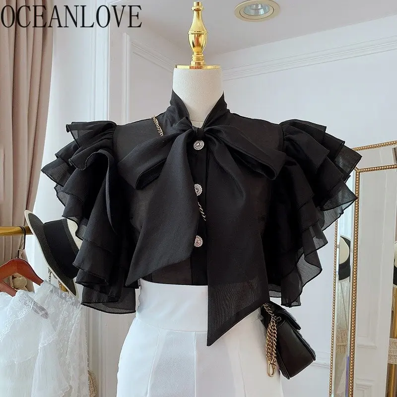 OCEANLOVE Shirts&blouses Stand Collar Solid Ruffles Lace Up Bow Elegant Women Tops Summer Korean Fashion Vintage Blusas Mujer