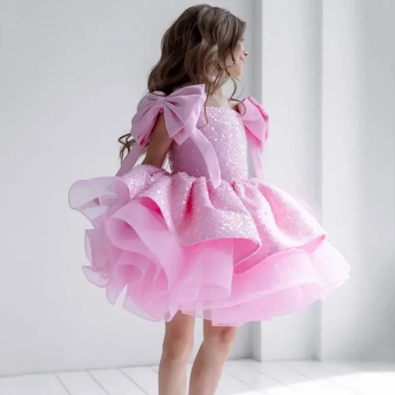 Roze bloemenmeisje jurk tule pailletten met strik mouwloos voor bruiloft prom verjaardagsfeestje banket heilige communie jurk aangepast