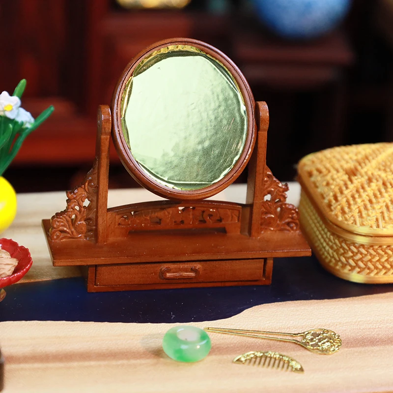 

1set Dollhouse Miniature Wooden Vanity Table + Jewelry Set With Mirror Makeup Dressing Table For Bedroom