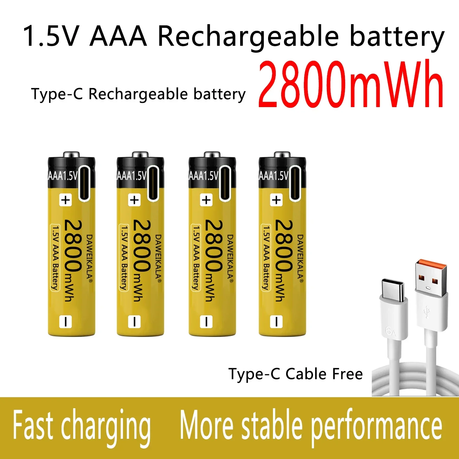 

USB direct charging AAA2800mAh rechargeable battery zinc nickel 1.5V large capacity toy clock microphone Smart lock