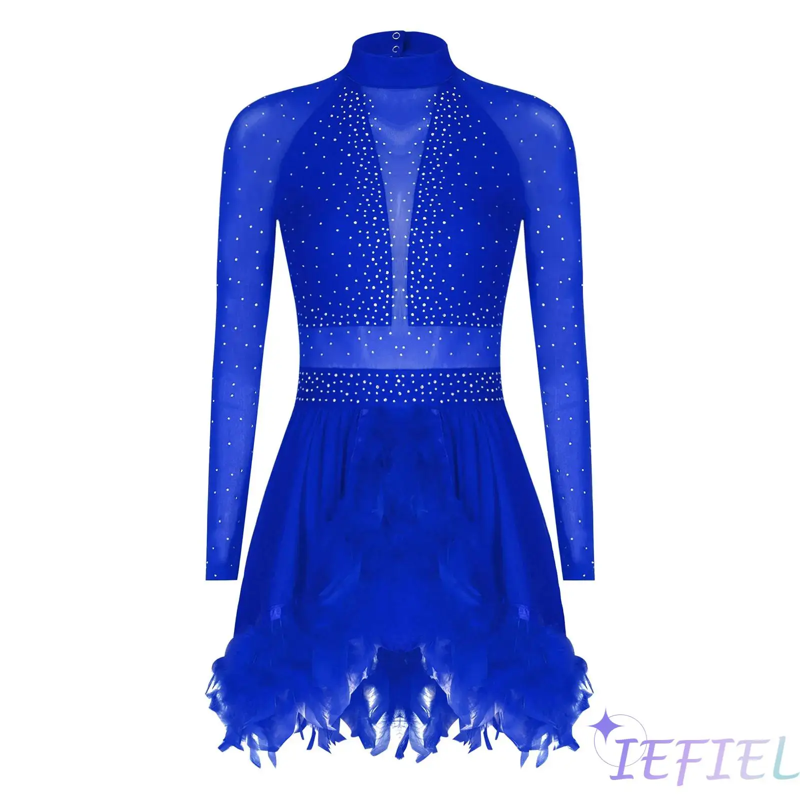

Adult Women Feathered Jazz Dance Dress Shiny Rhinestones Mock Neck Long Sleeve Back Cut Jazz Dance Costume for Stage Performance