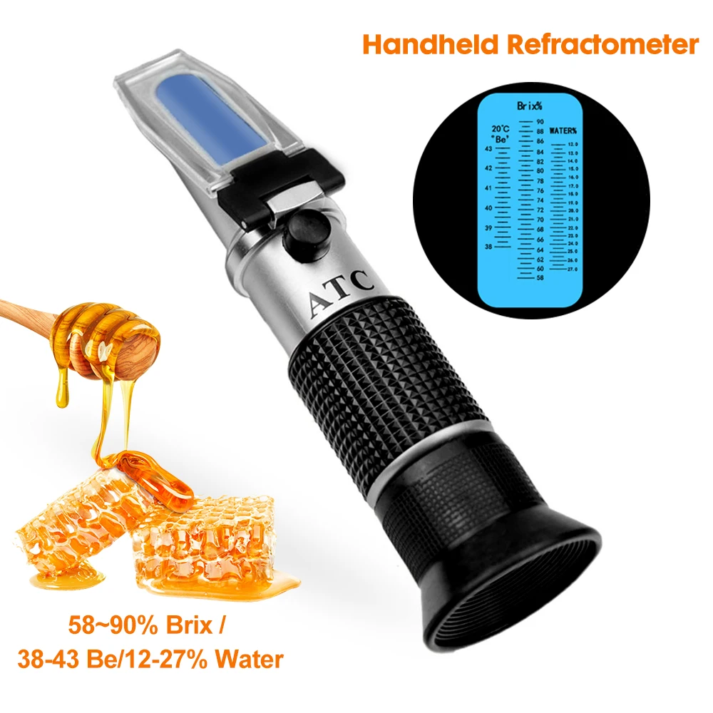 3 in 1 Handheld Honey Refractometer 58-90% Brix Sugar Concentration Meter 38-43% Baume Degrees 12-27% Water Contents Test