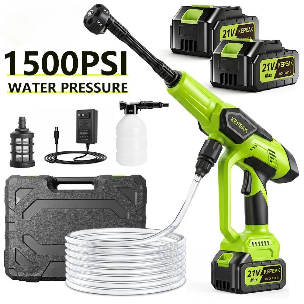 Adjustable High Pressure Cordless Portable Power Washer 1500PSI 21V 200W Wireless Water Cleaner with 13000mAh Large Capacity Battery 6-in-1 Multi Function Nozzle & Foam Bottle Outdoor Home Cleaning Tool