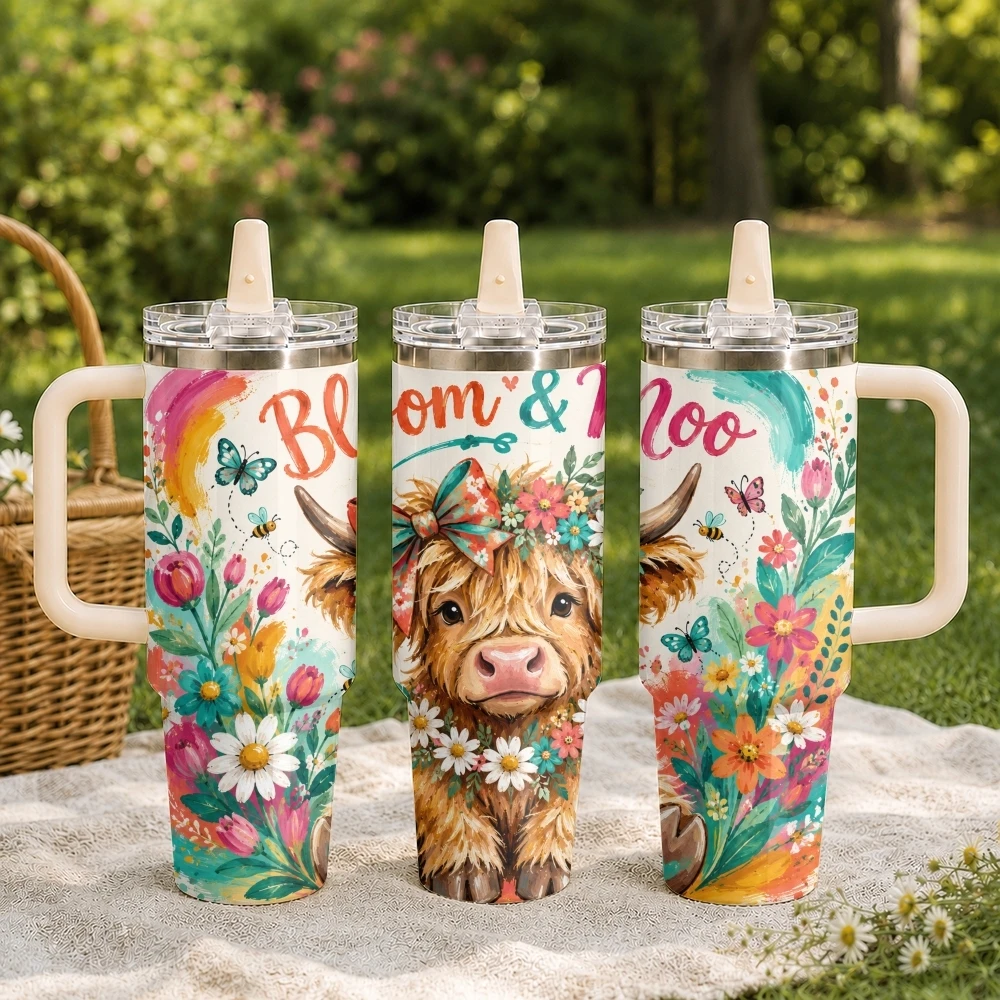 Cute Cow Drawing Vacuum Flasks 40oz Stainless Steel Tumbler with Handle Straw Lid Vacuum Insulated Double Wall Leak Proof