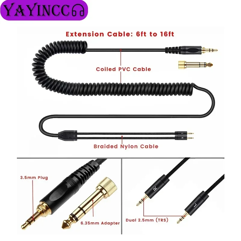 

Replacement Spring wire Audio Cable (Dual 2.5mm Plugs Version) +6.35MM Plug For HIFIMAN HE400i he560 Headphones ，