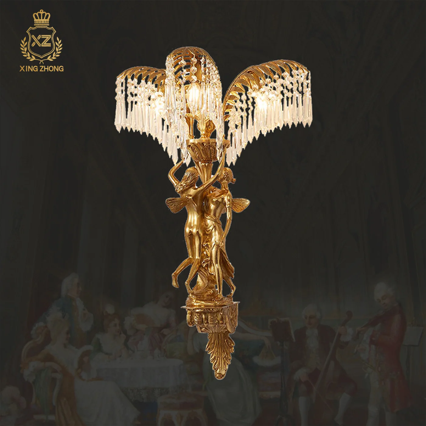 French Empire Classic Angel Art Brass Living Room Dining Room Wall Lamp Hotel Church Wedding Decor Crystal Wall Light
