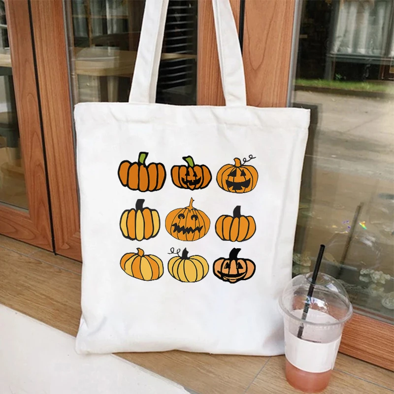 Canvas Tote Bags for Women Funny Halloween Print Handbags Spooky Boo Pumpkin Graphic Reusable Foldable Shopping Shoulder Bag