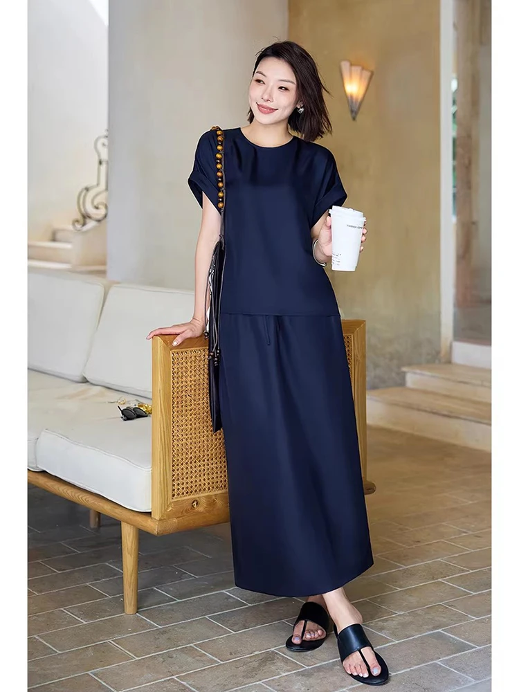 

Silk round Ne Top And Elastic Waist Skirt Set Women's Faion Ensemble ort Sve Four Seasons Wear Casual Daily Outfit